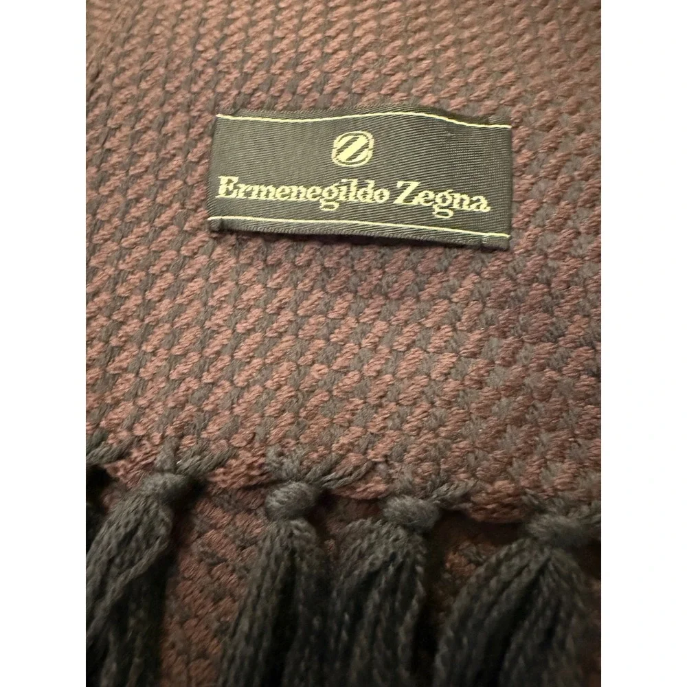 Ermenegildo Zegna Scarf Mens Burgundy Blue 100% Wool Textured Waffle Fringe